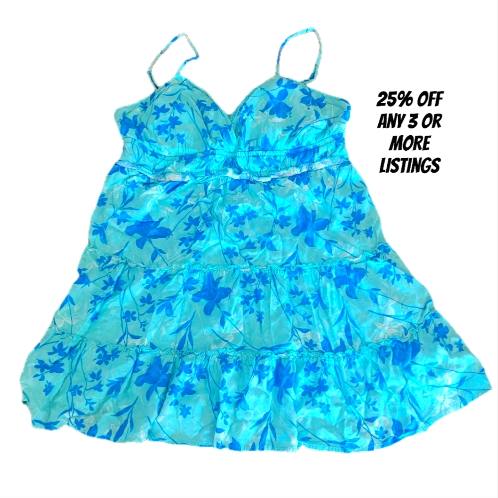 Floral Blue Dress Size XXL Tiered Ruffle Tank Spaghetti Straps Vneck Aqua Slip